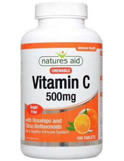 NATURES AID Vitamin C 500mg, Chewable with Rosehips & Citrus Bioflavonoids, 100 tabs