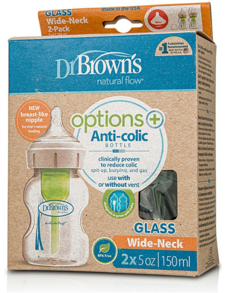 Dr. Brown's Options+ Anti-Colic Γυάλινο Μπιμπερό με Φαρδύ Λαιμό & Θηλή Σιλικόνης 2x150ml