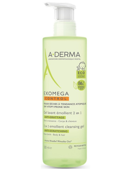 A-Derma Exomega Control Gel 2 in 1 - Σαμπουαν, Αφρόλουτρο για το Ατοπικό Δέρμα με Αντλία 500ml