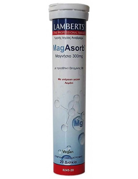 Lamberts MagAsorb Μαγνήσιο 300mg & Βιταμίνη Β6 Γεύση Λεμόνι 20 αναβράζοντα δισκία